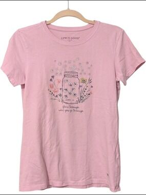Life Is Good Light Pink Graphic T-Shirt Mason Jar Wildflower Firefly Art